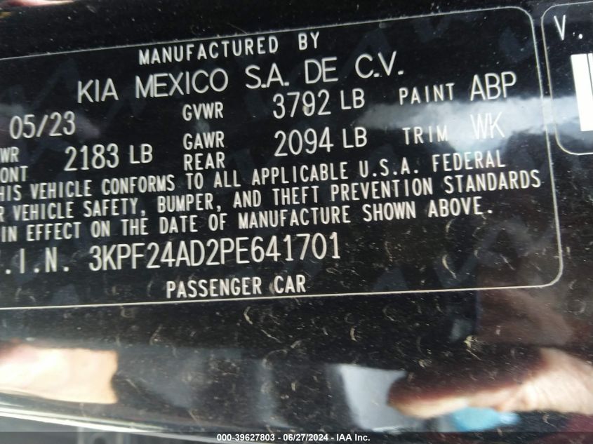 2023 Kia Forte Lxs VIN: 3KPF24AD2PE641701 Lot: 39627803