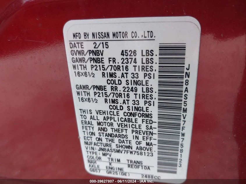 2015 Nissan Rogue Select S VIN: JN8AS5MV7FW758123 Lot: 39627807