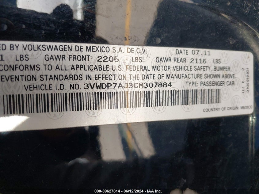 2012 Volkswagen Jetta 2.5L Se VIN: 3VWDP7AJ3CM307884 Lot: 39627814