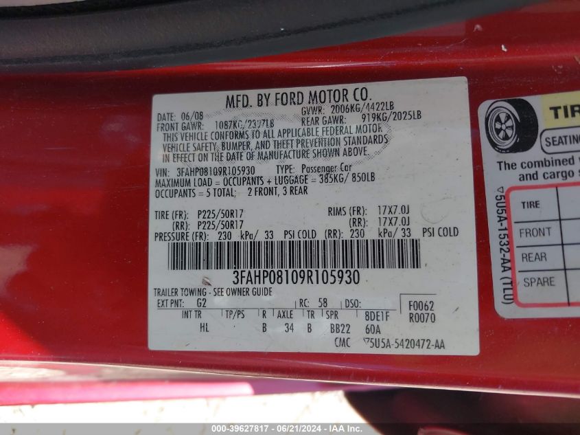 2009 Ford Fusion Sel VIN: 3FAHP08109R105930 Lot: 39627817