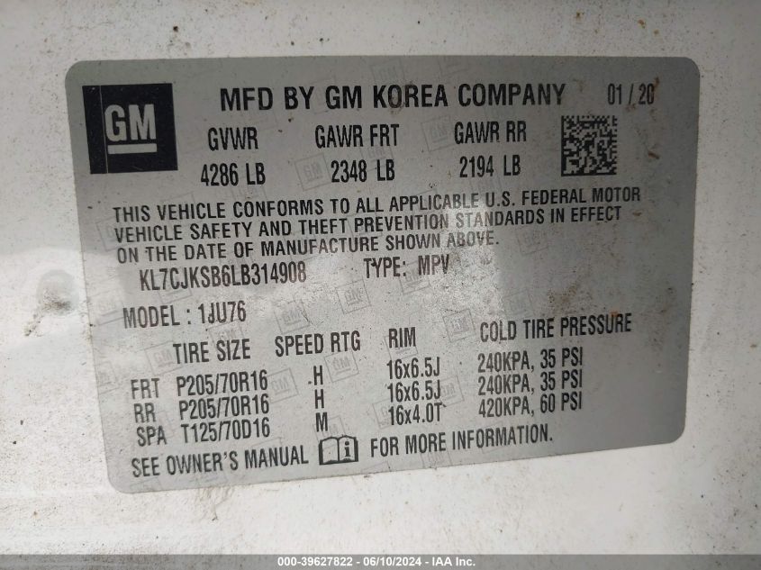 2020 Chevrolet Trax Fwd Ls VIN: KL7CJKSB6LB314908 Lot: 39627822