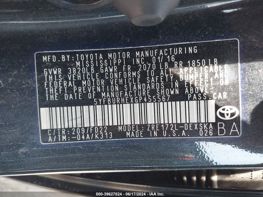 2016 Toyota Corolla S Plus VIN: 5YFBURHEXGP455567 Lot: 39627824