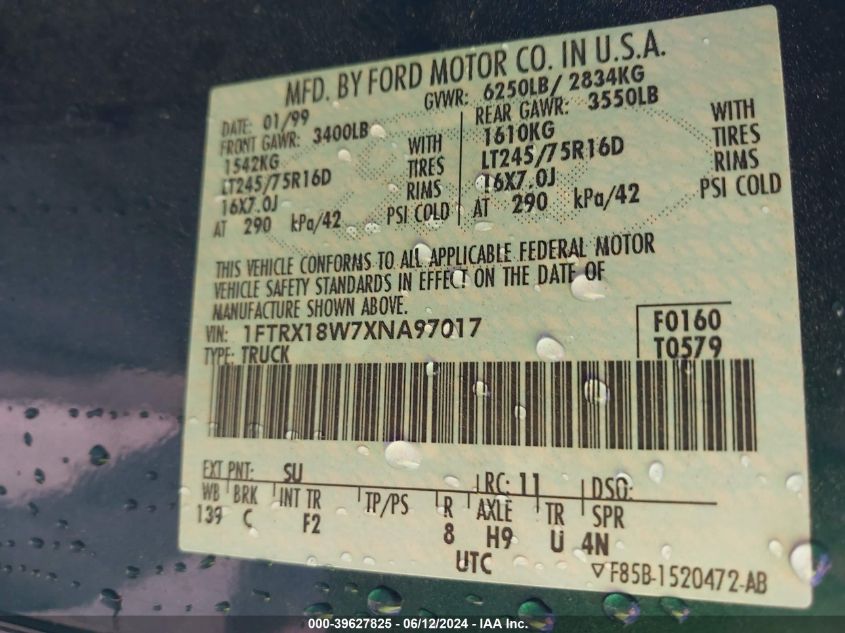 1999 Ford F-150 Lariat/Work Series/Xl/Xlt VIN: 1FTRX18W7XNA97017 Lot: 39627825