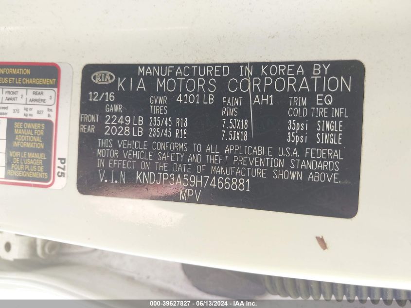 2017 Kia Soul + VIN: KNDJP3A59H7466881 Lot: 39627827