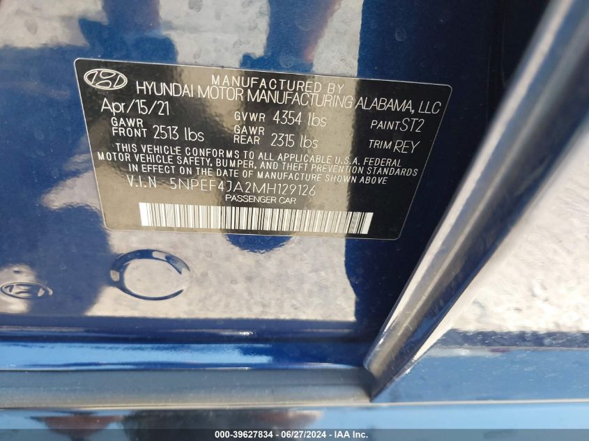 2021 Hyundai Sonata Sel VIN: 5NPEF4JA2MH129126 Lot: 39627834