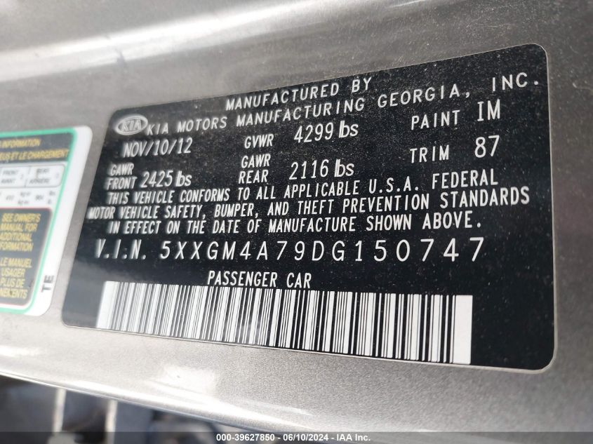 2013 Kia Optima Lx VIN: 5XXGM4A79DG150747 Lot: 39627850