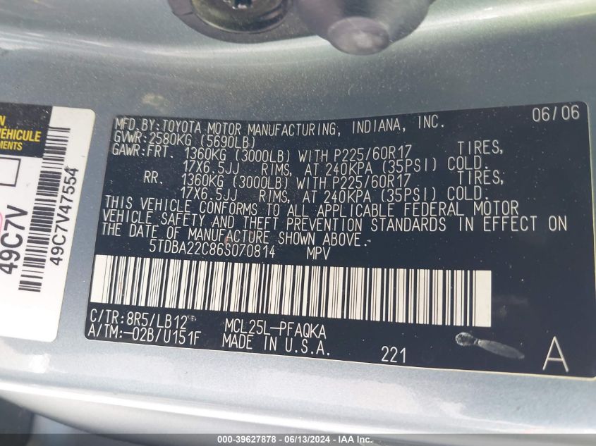 2006 Toyota Sienna Xle VIN: 5TDBA22C86S070814 Lot: 39627878