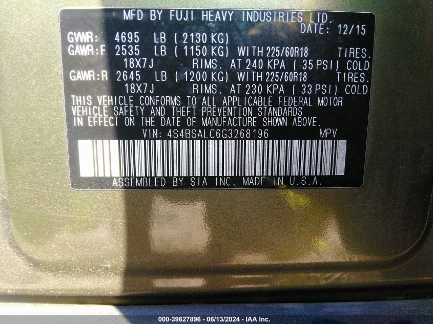 2016 Subaru Outback 2.5I Limited VIN: 4S4BSALC6G3268196 Lot: 39627896