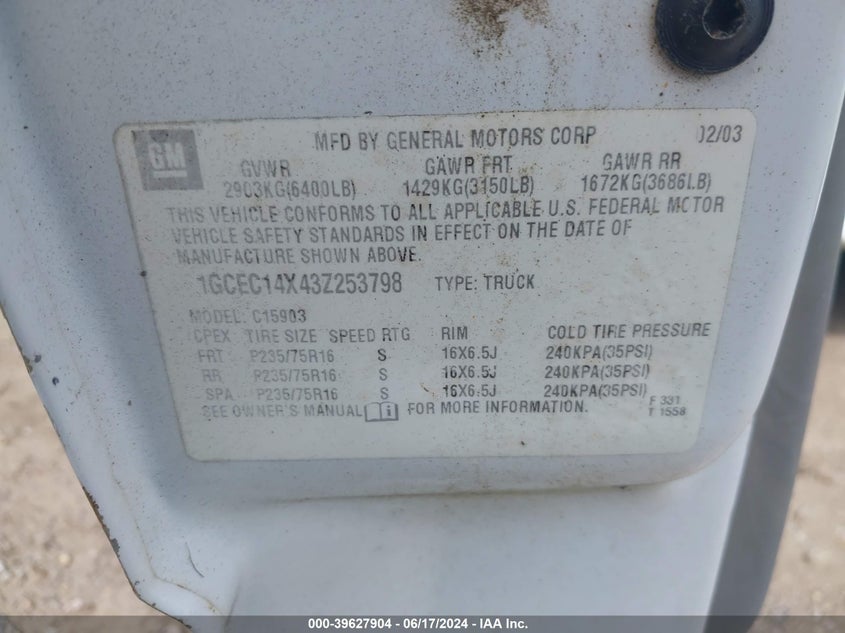 2003 Chevrolet Silverado 1500 Work Truck VIN: 1GCEC14X43Z253798 Lot: 39627904