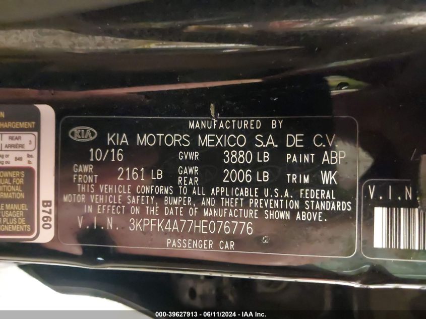 2017 Kia Forte Lx VIN: 3KPFK4A77HE076776 Lot: 39627913