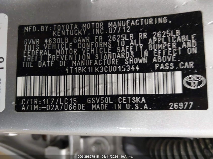 2012 Toyota Camry Se V6 VIN: 4T1BK1FK3CU015344 Lot: 39627915