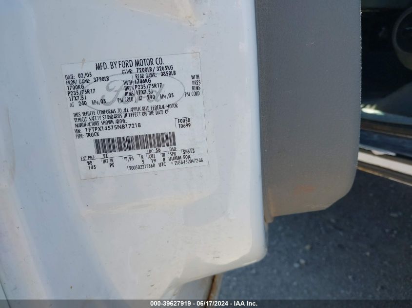 2005 Ford F-150 Fx4/Lariat/Xl/Xlt VIN: 1FTPX14575NB17218 Lot: 39627919