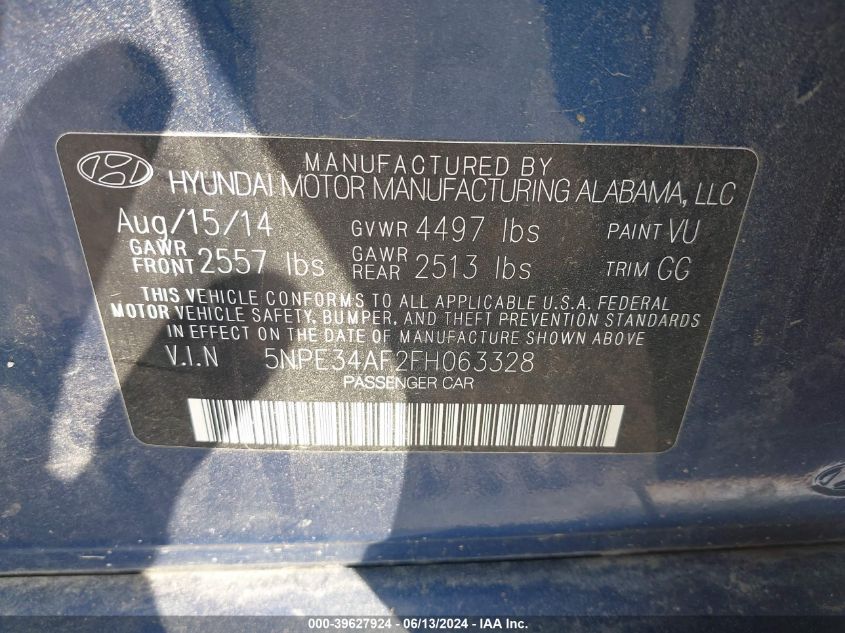 2015 Hyundai Sonata Sport VIN: 5NPE34AF2FH063328 Lot: 39627924