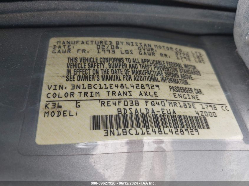 2008 Nissan Versa 1.8S VIN: 3N1BC11E48L428929 Lot: 39627928