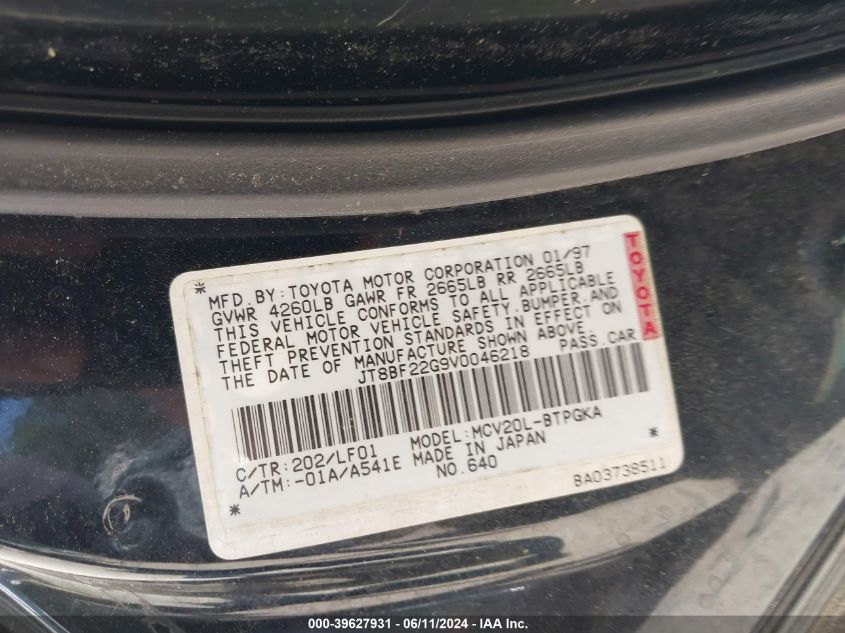 1997 Lexus Es 300 VIN: JT8BF22G9V0046218 Lot: 39627931