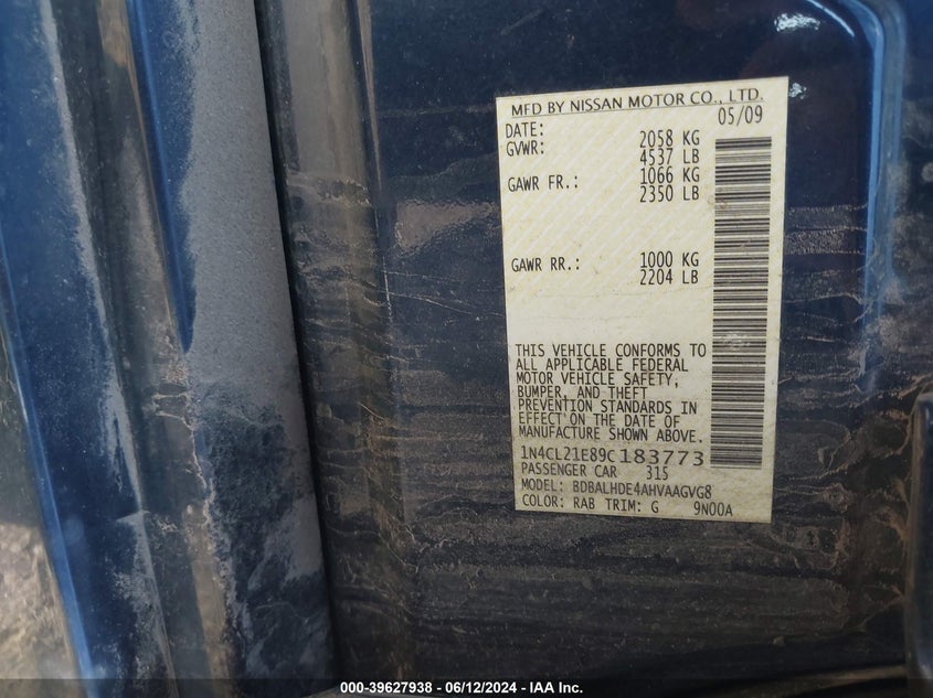 2009 Nissan Altima Hybrid VIN: 1N4CL21E89C183773 Lot: 39627938