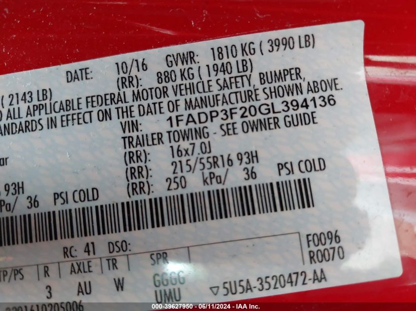 2016 Ford Focus Se VIN: 1FADP3F20GL394136 Lot: 39627950