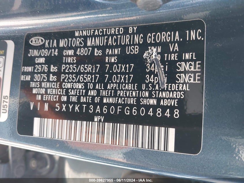 2015 Kia Sorento Lx VIN: 5XYKT3A60FG604848 Lot: 39627955