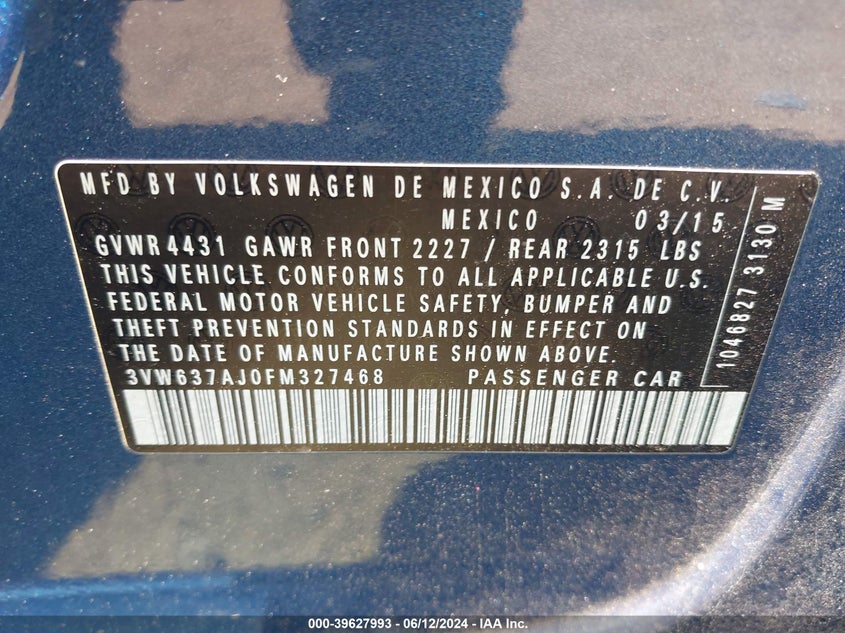 2015 Volkswagen Jetta Hybrid Sel Premium VIN: 3VW637AJ0FM327468 Lot: 39627993