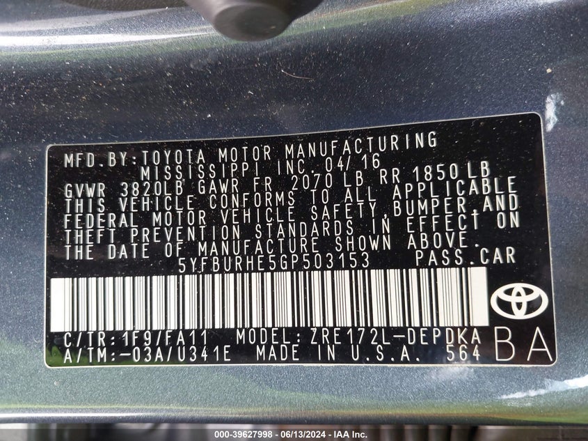 2016 Toyota Corolla L VIN: 5YFBURHE5GP503153 Lot: 39627998