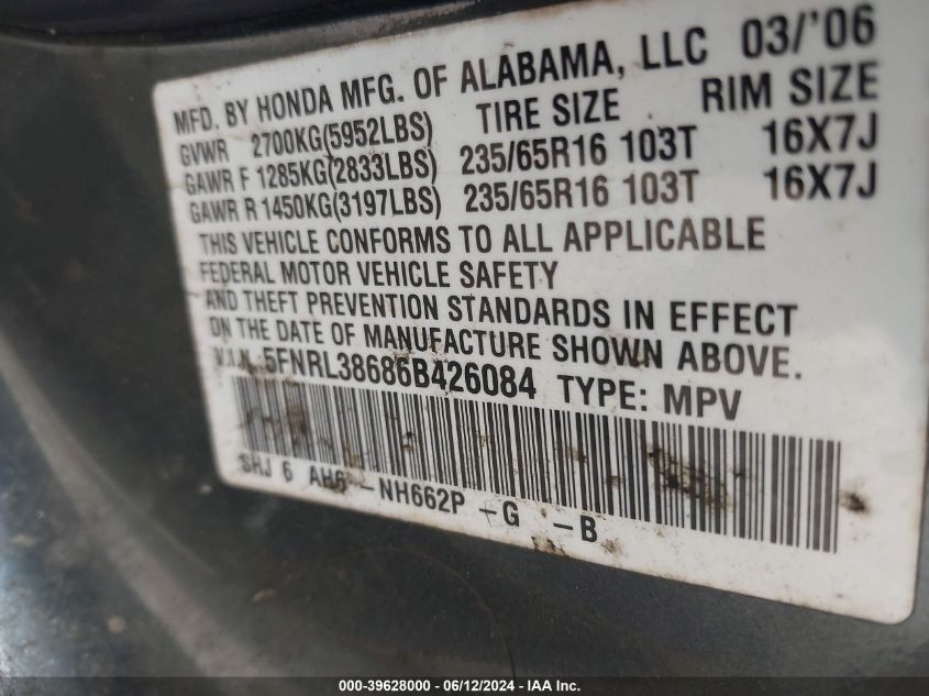2006 Honda Odyssey Ex-L VIN: 5FNRL38686B426084 Lot: 39628000