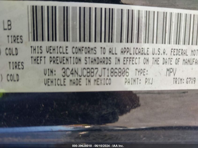 2018 Jeep Compass Latitude Fwd VIN: 3C4NJCBB7JT186806 Lot: 39628018