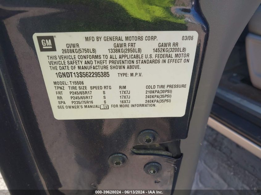 2006 Chevrolet Trailblazer Lt VIN: 1GNDT13S562295385 Lot: 39628024