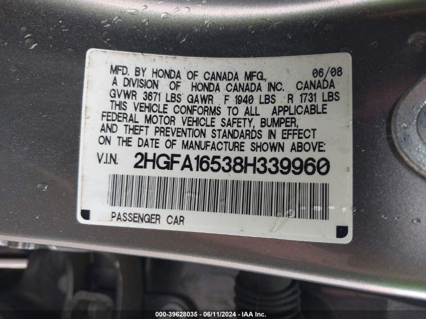 2008 Honda Civic Lx VIN: 2HGFA16538H339960 Lot: 39628035