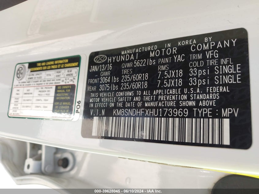 2017 Hyundai Santa Fe Se VIN: KM8SNDHFXHU173969 Lot: 39628045