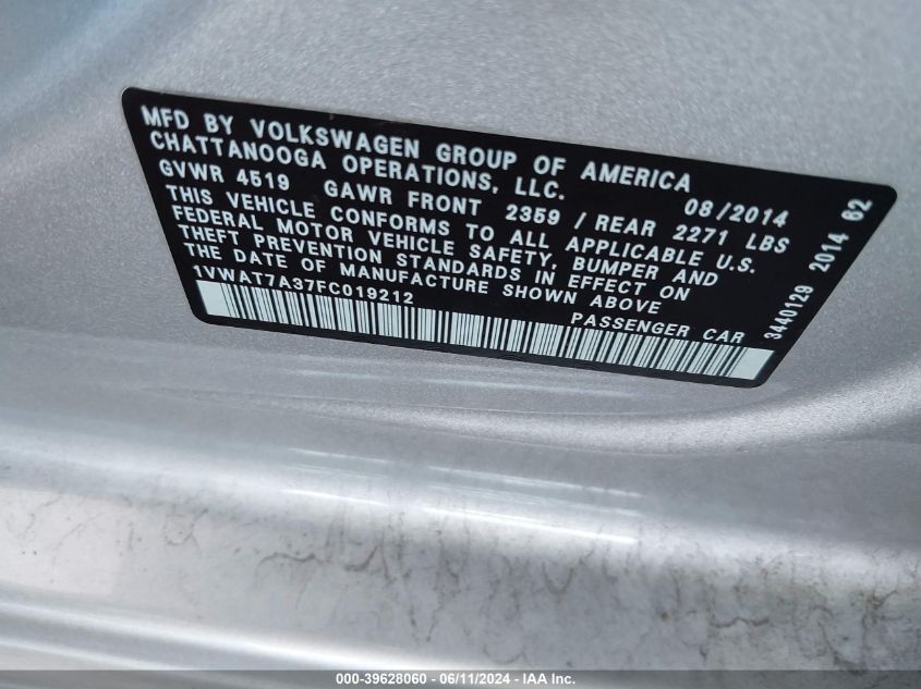 2015 Volkswagen Passat 1.8T Wolfsburg Edition VIN: 1VWAT7A37FC019212 Lot: 39628060