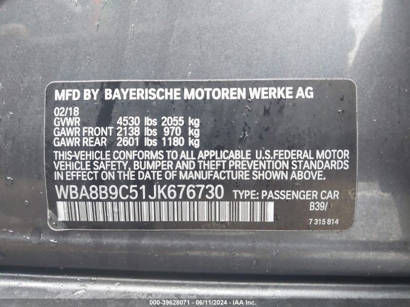 2018 BMW 330I VIN: WBA8B9C51JK676730 Lot: 39628071