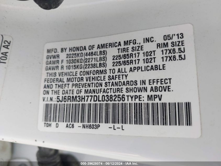 2013 Honda Cr-V Ex-L VIN: 5J6RM3H77DL038256 Lot: 39628074