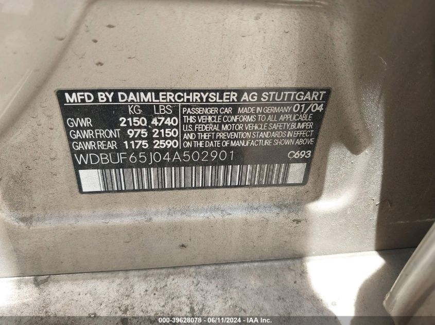 2004 Mercedes-Benz E 320 VIN: WDBUF65J04A502901 Lot: 39628078