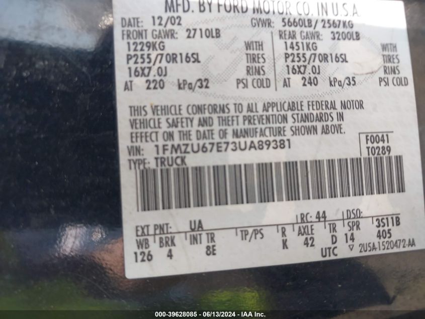 2003 Ford Explorer Sport Trac Xls/Xlt VIN: 1FMZU67E73UA89381 Lot: 39628085