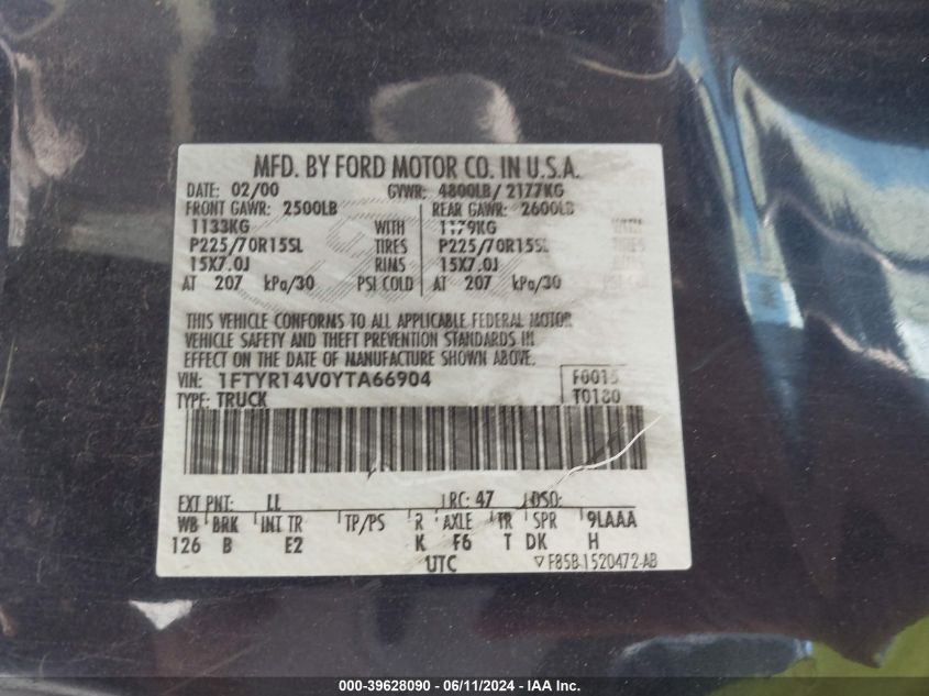 2000 Ford Ranger Xl/Xlt VIN: 1FTYR14V0YTA66904 Lot: 39628090