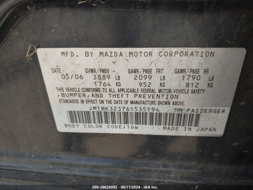 2006 Mazda Mazda3 S Grand Touring VIN: JM1BK323761535194 Lot: 39628092
