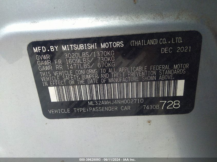 2022 Mitsubishi Mirage Black Edition VIN: ML32AWHJ4NH002710 Lot: 39628093