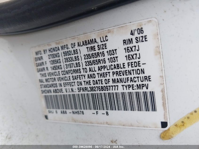 2006 Honda Odyssey Lx VIN: 5FNRL38276B097777 Lot: 39628095