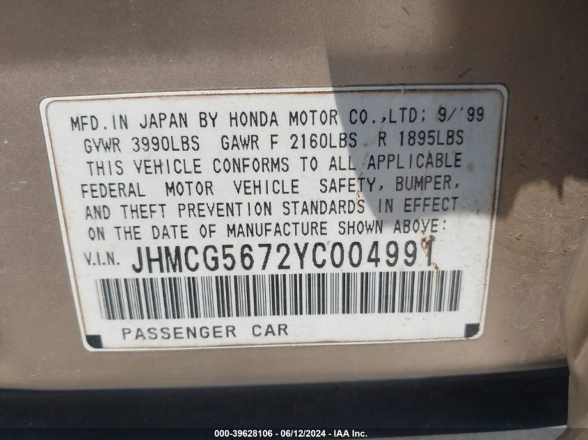 2000 Honda Accord 2.3 Se VIN: JHMCG5672YC004991 Lot: 39628106