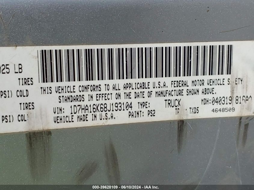 2008 Dodge Ram 1500 St/Sxt VIN: 1D7HA16K68J193104 Lot: 39628109