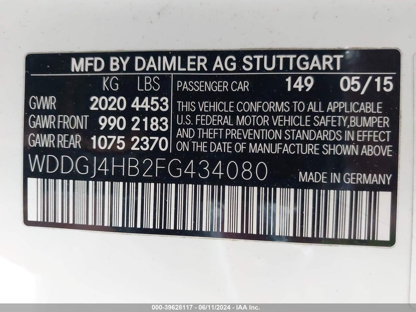 2015 Mercedes-Benz C 250 VIN: WDDGJ4HB2FG434080 Lot: 39628117