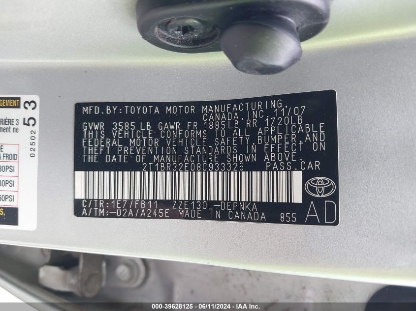 2008 Toyota Corolla Le VIN: 2T1BR32E08C933326 Lot: 39628125