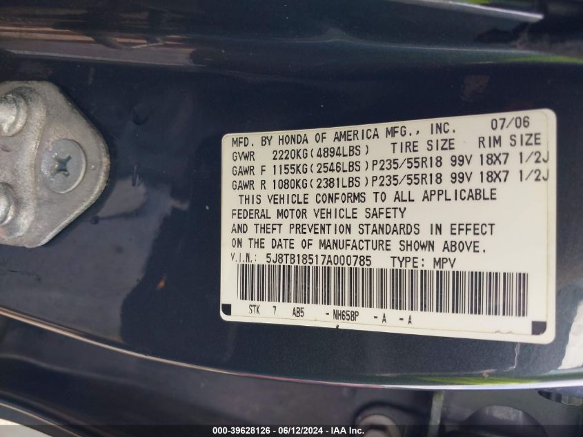 2007 Acura Rdx VIN: 5J8TB18517A000785 Lot: 39628126