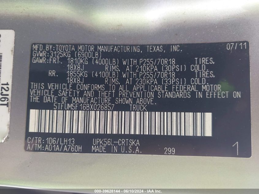 2011 Toyota Tundra Grade 4.6L V8 VIN: 5TFUM5F16BX026857 Lot: 39628144