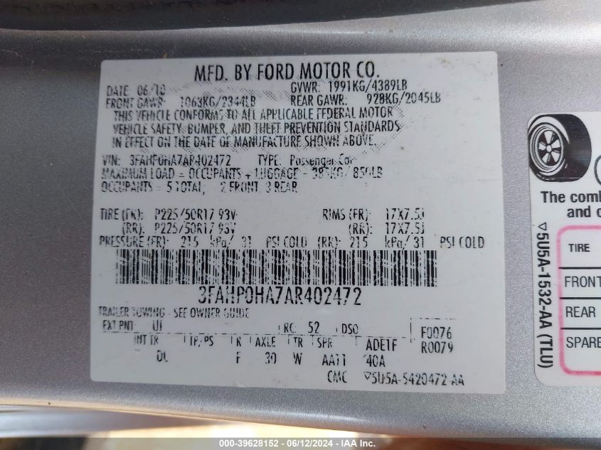 2010 Ford Fusion Se VIN: 3FAHP0HA7AR402472 Lot: 39628152