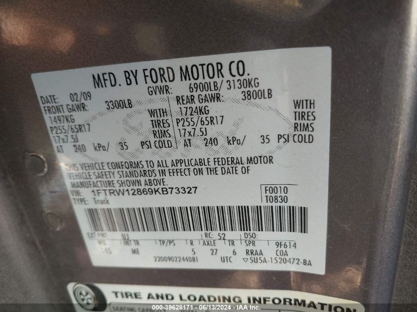 2009 Ford F-150 Xl/Xlt VIN: 1FTRW12869KB73327 Lot: 39628171