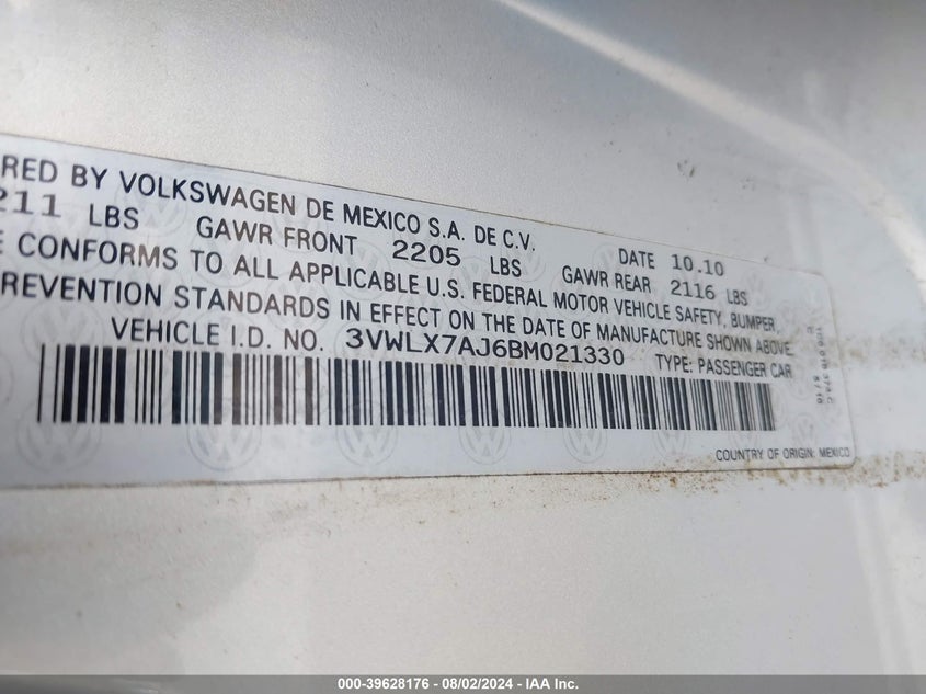 2011 Volkswagen Jetta 2.5L Sel VIN: 3VWLX7AJ6BM021330 Lot: 39628176