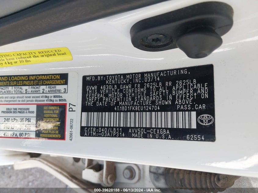 2014 Toyota Camry Hybrid Xle VIN: 4T1BD1FK8EU124704 Lot: 39628188