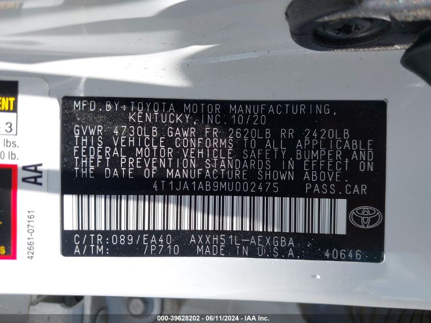 2021 Toyota Avalon Xle Hybrid VIN: 4T1JA1AB9MU002475 Lot: 39628202