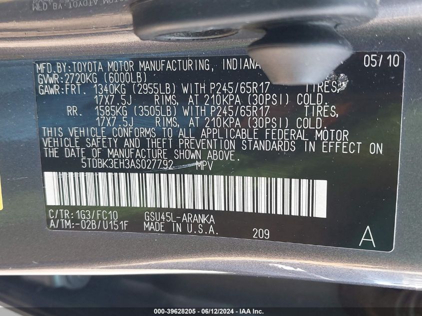 2010 Toyota Highlander Base V6 VIN: 5TDBK3EH3AS027792 Lot: 39628205